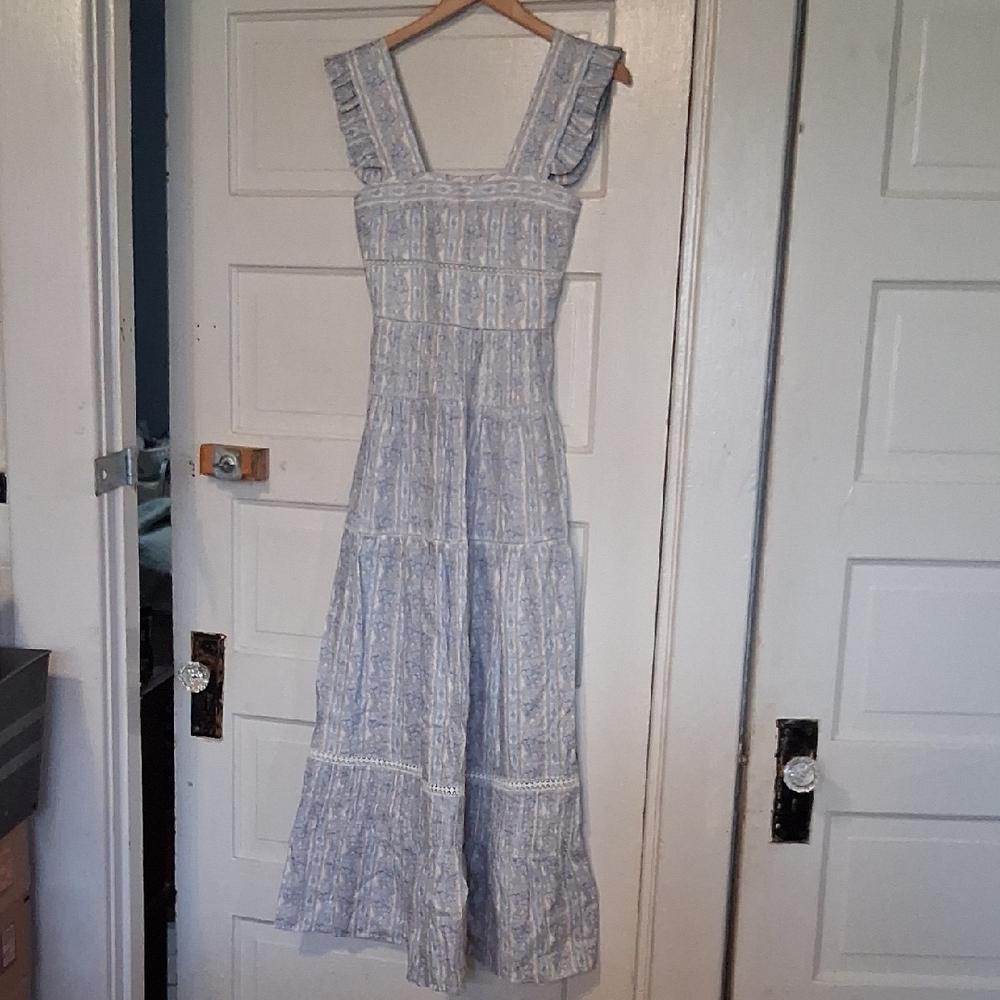 Light Blue Printed Tiered Maxi Dress with Ruffle Straps